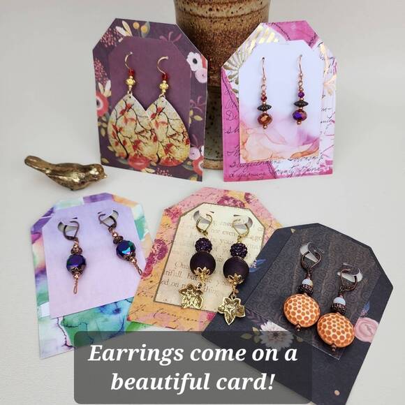 Stunning Dangle Earrings, Teal‎ Blue Glass with Etched Gold AB, Leverback Hooks - Picture 8 of 8